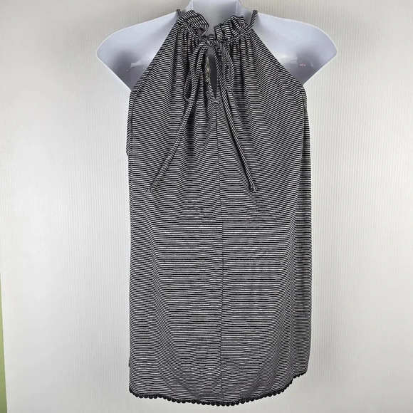 Pleione M Black White Striped Ruffle High Neck Tie Keyhole Back Tank Top. Size M - Picture 2 of 8
